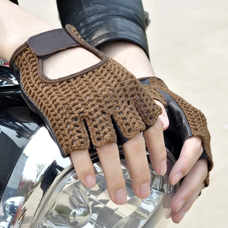 Mesh Half Finger Gloves Leather Fingerless Gloves Motorcycle Riding Hand... - $20.97