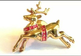Vintage Avon Signed Gold &amp; Red Reindeer Pin - £11.20 GBP