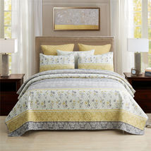 Yellow Grey Stripe - King - 3PC Quilt Set Plaid Blanket with 2 Shams - $79.98