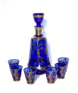 Antique Vintage Cobalt and Gold Decanter Demitasse Cordial Liquor Set 8 ... - £102.21 GBP