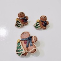 Vintage Gingerbread Man Holiday Brown Plastic Brooch Pin Earrings Set Ch... - £11.96 GBP