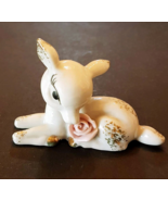 White Doe Deer Figurine Pink Flower Gold accents 2.25&quot; Porcelain Fawn Japan - $19.73