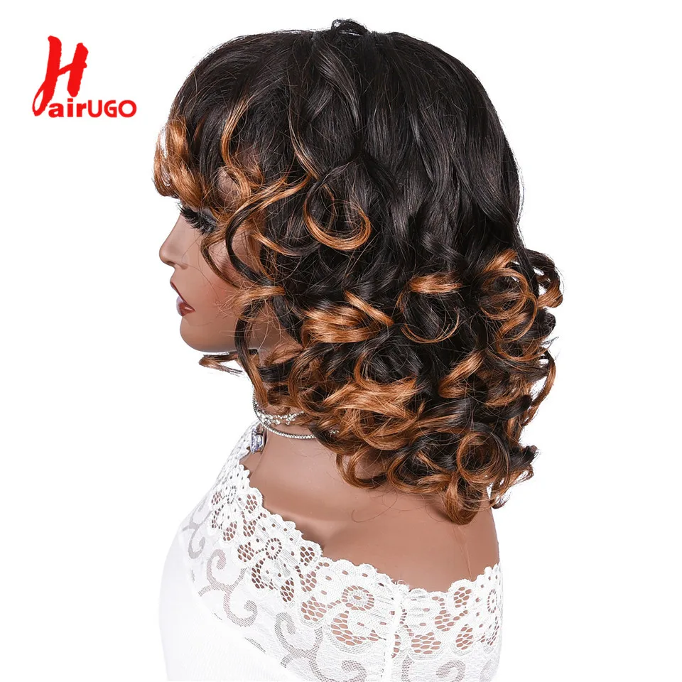 T1B/30 Curly Pixie Cut Wigs Omber Brown Curly Wave Human Hair Wigs Full Machi - £55.85 GBP