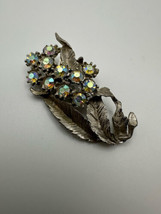 Vintage Silver Floral Iridescent Rhinestone Brooch 5.6cm BB9 - $23.76