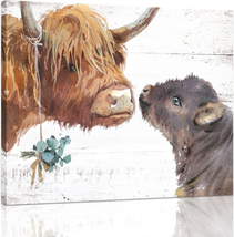 Highland Cow Canvas Wall Art: Rustic Farmhouse Cow Print Picture Nursery Kitchen - £20.07 GBP