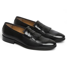 Penny Loafer Slip On Shoes Black Fringed Rounded Apron Toe Handmade Men Leather - £106.75 GBP