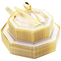 150 Pcs Gold Plastic Plates With Silverware, Clear Disposable Plastic Dinnerware - £50.47 GBP