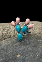 Signed Navajo Sterling Turquoise Pink Conch Shell Multi Stone Cactus Ring 7.25 - £175.85 GBP