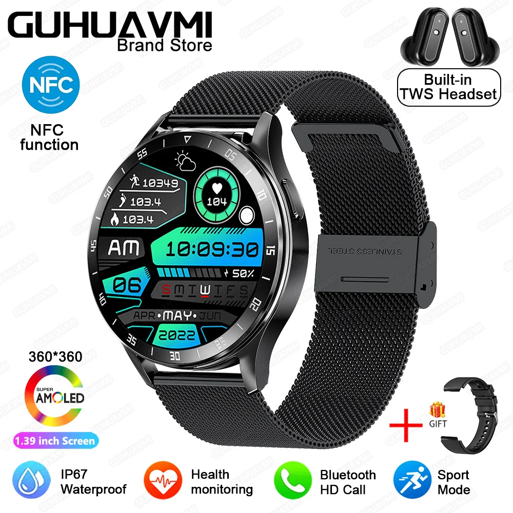 Ch with earbuds nfc smartwatch tws bluetooth earphone heart rate blood pressure monitor thumb200