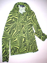 Womens Jones New York Blouse Top Palm Leaf Button Work Black Yellow Green Office - £39.68 GBP