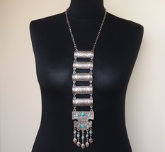 Silver Plated Pomegranate Half Cylinder Long Armenian Ethnic Statement Necklace - £47.15 GBP