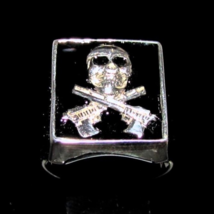 Sterling silver men&#39;s ring Hit man Skull on crossed Handguns with black enamel h - $110.00