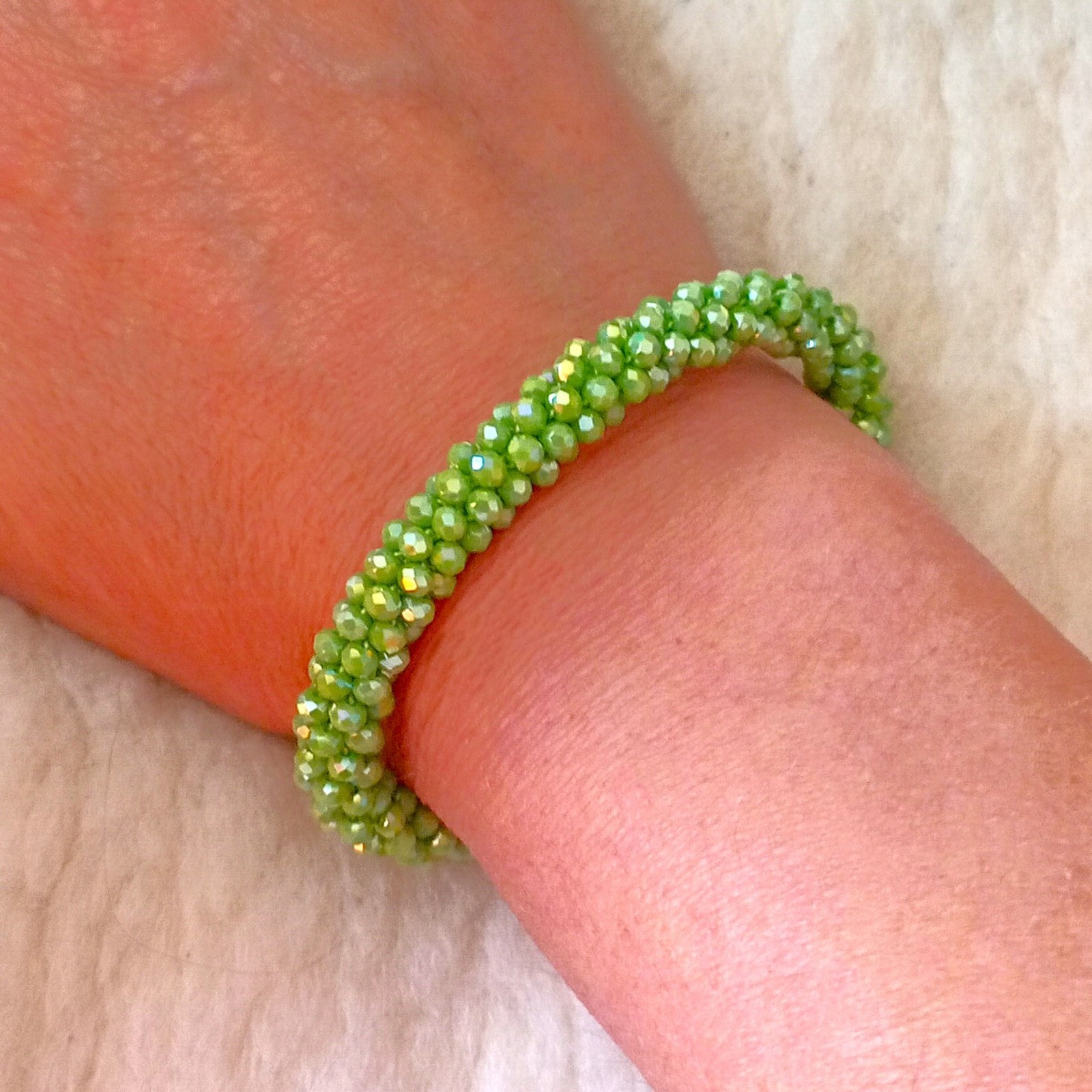 Chartreuse Green Faceted Crystal Bracelet - Beaded Crochet Rope Statemen... - $23.00