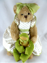 Bearington Plush Bear 13&quot; in Green Polka Dot Dress Holding Green Frog - £12.57 GBP