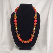 Vtg Monet Lucite Necklace Red Amber Gold Chunky Marble Beaded Signed 29&quot; Boho - £18.96 GBP
