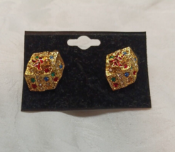 Vintage Stud Earrings Gift Box Shape Multi Color Rhinestones Gold Tone Rectangle - £11.03 GBP