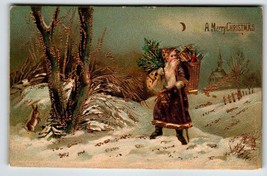 Santa Claus Christmas Postcard Purple Suit Coat Rabbit Woods Church Gold... - $31.95