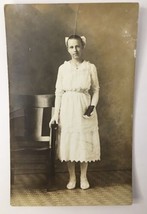 RPPC Lovely Young Lady Holding Bible in White Dress ID&#39;d on Back AZO Girl Teen - £8.76 GBP