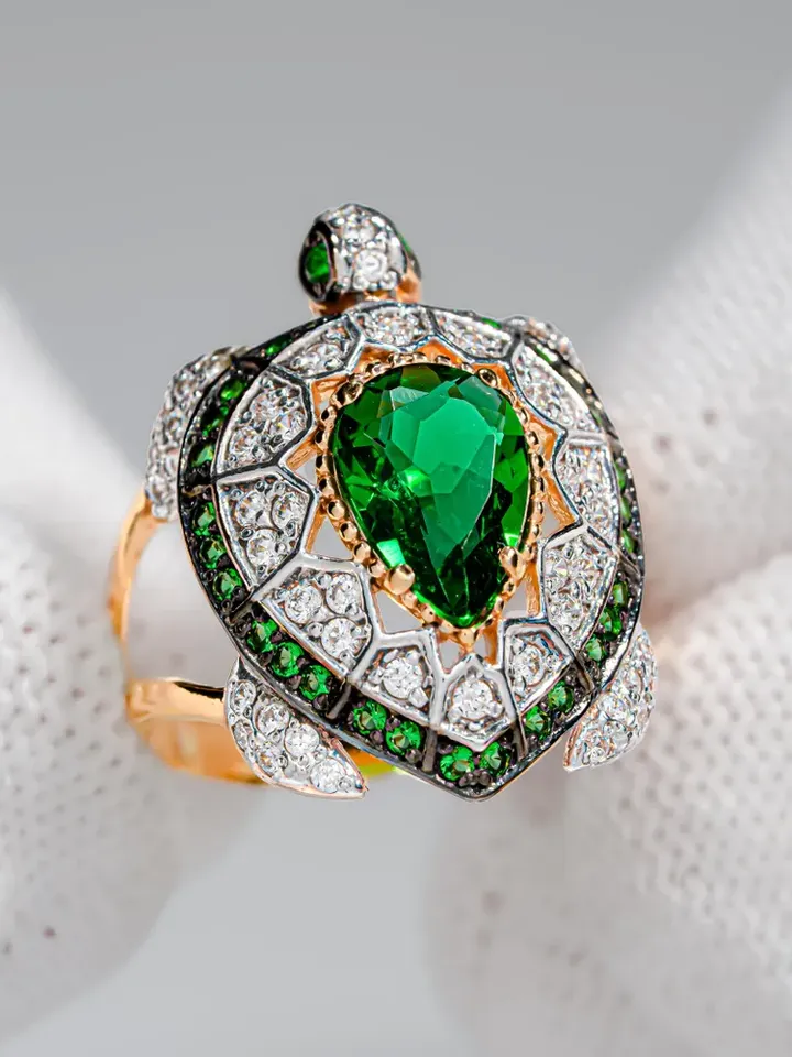 Ring Silver gold plated 925 assay value with green cubic zirconia - $135.00