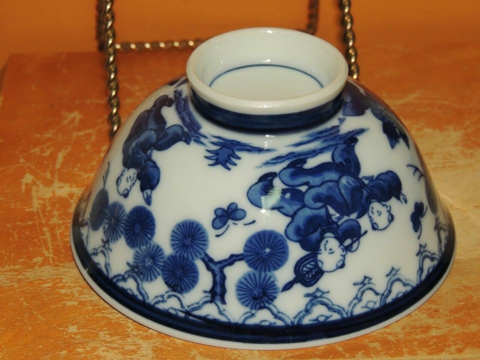 Porcelain Bowl 4.5" White w Cobalt dark Blue boys chasing butterflies Ja ID: 492 Item image 4