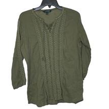 Lauren Ralph Lauren Women Tie Up Tassel Top Medium Green Embroidered 3/4 Sleeve  - £15.91 GBP