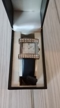 Vernier crystal bezel rectangle women&#39;s quartz watch w/black satin/leath... - £17.20 GBP