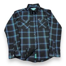 Dixxon Womens Shreddy Flannel Shirt Black Aqua Purple Plaid Button Up Pocket S - £39.27 GBP