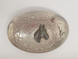 Vintage Horse Head on Engraved Belt Buckle Metal Western Made in USA 3&quot;x 2 1/8&quot; - £23.25 GBP