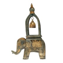 Elephant Ring of Good Fortune Bell Carved Golden Moss Wood and Brass Sculpture - $51.47