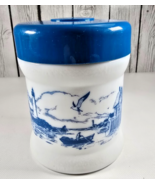 Vintage 1970s Opaline Glass Tobacco Jar Blue White Marbled Canister with... - $19.00 CAD