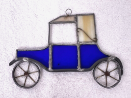 Fun Handmade Stained Glass Vintage Car Auto Cobalt &amp; Cream 6 3/4 x 5 inch - £14.45 GBP