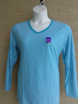 New Just My Size 3X  Cotton Blend 50/50  L/S V Neck Aqua Striped Tee Top  - £7.91 GBP