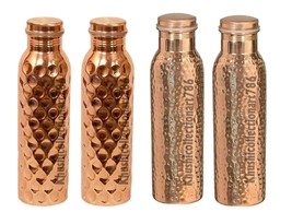 Handmade Copper Water Drinking Bottle 2 Diamond Cut 2 Hammered Health Be... - £48.81 GBP