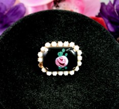 Pink ROSE on BLACK PIN Vintage Glass White Beads Lapel Brooch Goldtone - £11.59 GBP