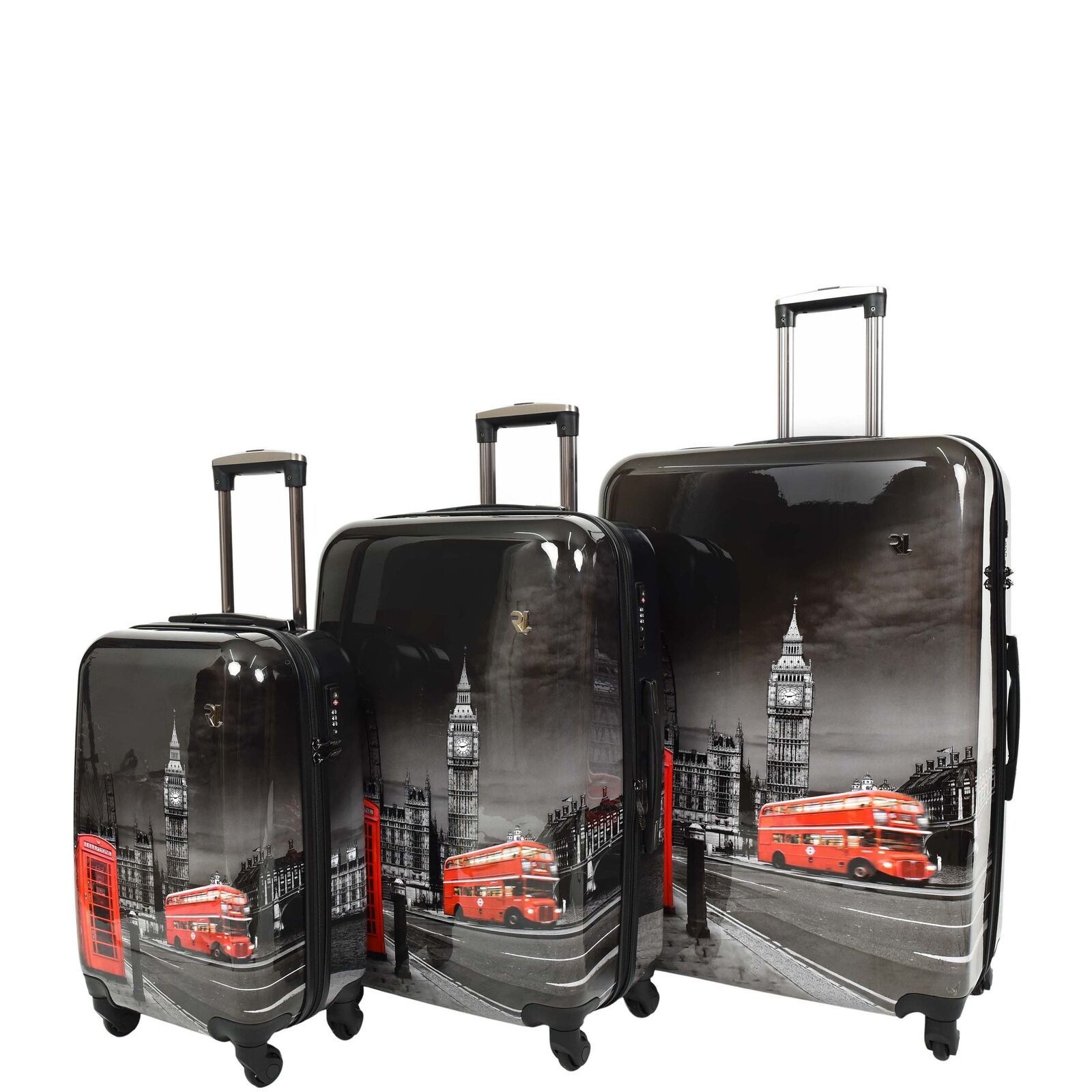 Four Spinner Wheeled Suitcase Hard Shell London Night Print Luggage Black DR645