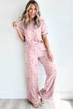 Pink Bow Knot Polka Dot Print Short Sleeve Top Lounge Set - $522.96 MXN