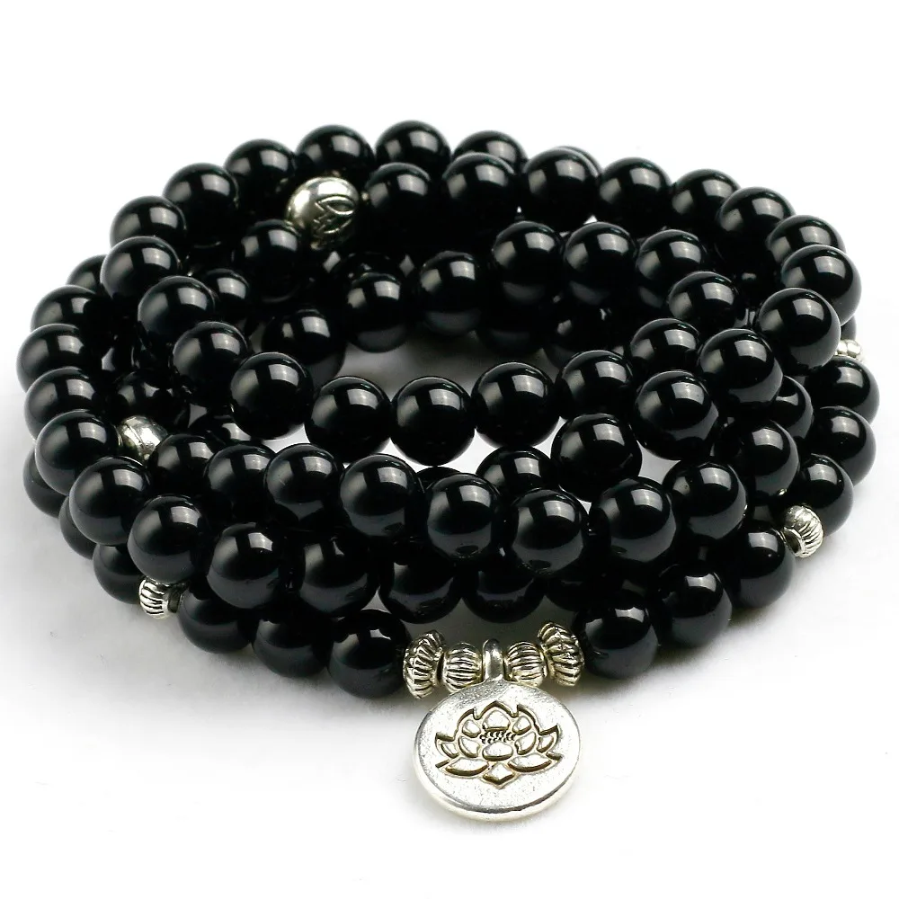 Natural Black Onyx Mala 108 Beads Bracelet Necklace Women Men Tree Life Om Charm - £15.06 GBP