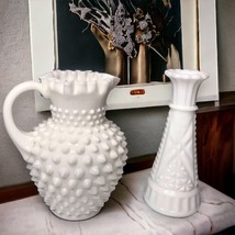 Fenton Vintage Milk Glass Ruffled Edge Hobnail Pitcher &amp; Anchor Hocking Bud Vase - £22.05 GBP