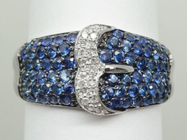 Genuine Sapphire &amp; Diamond Pave Buckle Ring Size 8 10k White Gold - £398.87 GBP
