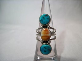 Vintage Sterling Silver Turquoise Spiny Oyster Tri-Stone Ring Size 5 3/4 K449 - £96.46 GBP