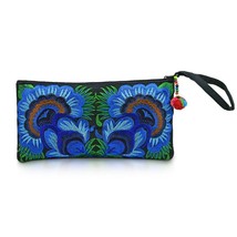 Fairy Tale Birds in Floral Dark Blue Boho Embroidered Clutch Wristlet Bag - £16.91 GBP