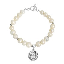 Inspirational Sterling Silver “Believe” Charm & White Pearls Beaded Bracelet - £28.06 GBP