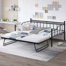 Full Size Metal Daybed with Twin Size Adjustable Trundle, Portable Folding Trund - £206.86 GBP