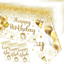 Happy Birthday Tablecloths,Gold and White Birthday Party Decorations 3Pcs Gold C - £18.05 GBP
