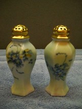 Royal O &amp; EG SALT AND PEPPER SHAKERS Gold TOPS Made in AUSTRIA Blue FLORAL - £17.56 GBP