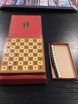 Vintage Drueke Mini Solid Wood Travel Checkers Set Peg Chessboard Brown Case - £27.16 GBP