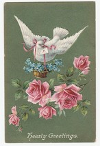 Vintage Postcard Greetings Dove Carries Basket of Forget Me Nots Pink Roses 1908 - £6.95 GBP