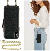 iPhone XS-X Wallet Case Zippered PU Leather Large Storage Crossbody Chain Black - £41.74 GBP