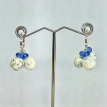 Handcrafted Beaded Earrings White &amp; Blue Glass Beads Silver Hoop Jewelry NEW - £11.69 GBP