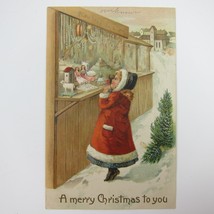 Christmas Postcard Victorian Girls Red Coat Toy Shop Embossed Glitter Antique - £11.77 GBP